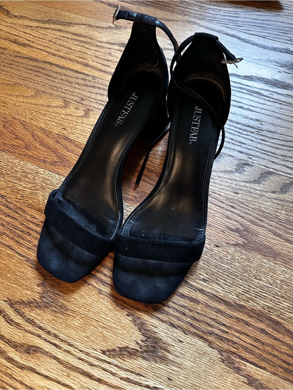 JustFab Black Suede Ankle-Strap Open-Toe Heels